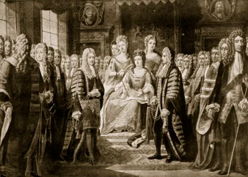 Unionsartiklerne overrækkes til dronning Anne, 1706, illustration fra «Hutchinsons historie om den britiske nation», ca. 1923