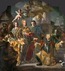 Kejser Karl VI (1685-1740) og greve Michael Johann von Althann (1679-1722) (Althann giver til Karl fortegnelsen over malerierne i Stallburg i Wien) - Johann Gottfried Auerbach (1697-1753). Olie på lærred