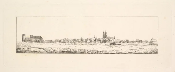 Udsigt over en gammel by med en kirke og høje gavlhuse.n.d.
