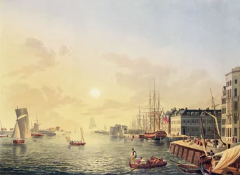 Udsigt over havnen og havnen i Le Havre, begyndelsen af det 19. århundrede (farvegravering)