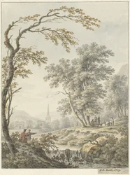 Landskab med et vandfald og en kirke i det fjerne