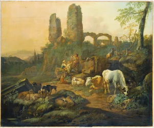 Hyrdefamilie, der hviler nær en antik ruin