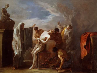 Martyrdom of St Lawrence af Johann Heinrich Schonfeld (ca 1609-1683), olie på lærred, 75x101 cm