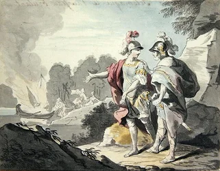 Nestor viser Telemachus skibet (grafit og akvarel på papir)