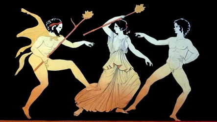 En satyr, en Maenad og en mandlig tilhænger af Dionysos danser i vanvid ca. 1796 (Kobberpladegravering)