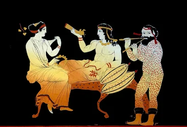 Dionysius overværet af en Maenad og en satyr, der spiller en Aulos c.1796 (Kobberpladegravering)