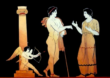 Eros sigter en af sine pile mod et ungt par, der taler ca. 1796 (Kobberpladegravering)