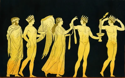 Gudinden Nike uddeler sejrsrammen til tre laurbærkronede vindere ca. 1796