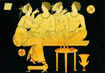 To unge mænd bliver underholdt af Hetairai under et symposium ca. 1796