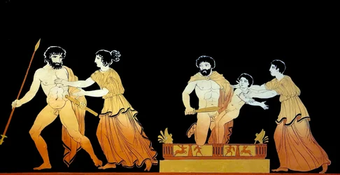 klassisk scene menes at være soldater, der truer Astyanax liv, da hans mor Andromache forsøger at beskytte ham ca. 1796 (Kobberpladegravering)
