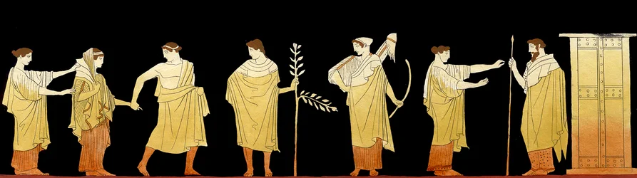 ung brud bliver ført til sin nye ægtemands hjem i et ægteskabsoptog under Artemis og Apollons vågent øje, ca. 1796 (kobberstik)