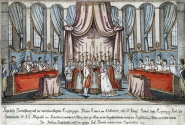 Marie-Louise giftede sig med Napoleon ved fuldmagt i Wien, hvor ærkehertug Charles træder ind for Napoleon - Loeschenkohl, Johann Hieronymus (1753-1807) - 1810 - Radering, akvarel - 33,4x44,5 - Privat samling