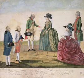 Møde mellem Josef II af Tyskland (1741-90) og kejserinde Katarina den Store (1729-96) i Koidak, 18. maj, 1787 (farvet kobberstik)