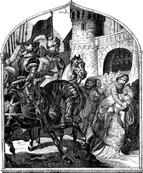 Belejringen af ​​Weinsbergs slot og de loyale kvinder 1140 Illustration fra det tyske folks historie af E. Duller, 1840