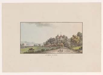 Udsigt over Chateau de Cerlier i Erlach Le Chateau de Cerlier (titel på objekt) Udsigt over Schweiz (serietitel) Collection de quelques vues dessinées en Suisse d