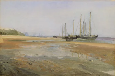 Fragtskibe på Elbens sand, 184045 (olie på papir monteret på kort)