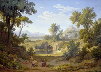 Italiensk landskab med pilgrim og rustikker, 1829