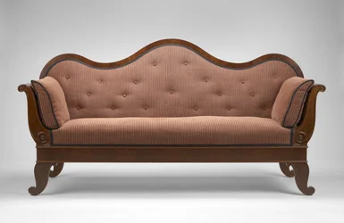sofa, c. 1855 (sort valnød; sort valnøddefiner, uidentificerede sekundære træsorter og moderne polstring)