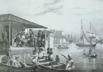Disembarkation, graveret af Deroi og Leon Jean Baptiste Sabatier (fl.1827-87) udgivet af Engelmann, ca. 1835 (litografi)