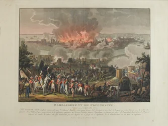 Bombardement af København, 2.-5. september 1807, farvet akvatint af og efter J. Laurent Rugendas, udgivet af J. Laurent Rugendas, Augsburg, 1807