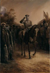 General Lord Kitchener gør honnør, mens han rider forbi boerledere, der står og tager hatten af, 1902