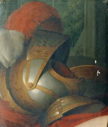 hjelm og rundt skjold