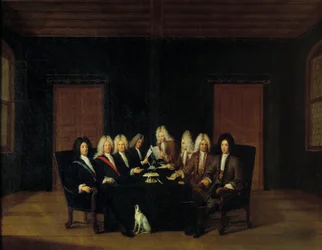 Den spanske arvefølgekrig: "" De befuldmægtigede samledes omkring Marechal-hertugen af Villars og prins Eugene af Savoy-Carignan (Savoie Carignan, greve af Soissons (1663-1736) ved fredskongressen i Borden den 7/09/1714" ” Maleri af Johan Rudol