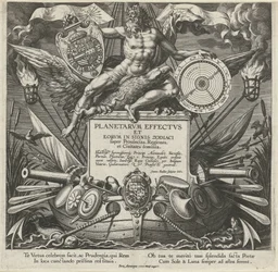 Jupiter en en krigsschip med våbenet af Alessandro Farnese Titelprent van een prentserie over de indflydelse van de planeten over streken Effekter af planeterne og deres tegn i stjernetegn (serietitel) Planetarvm effectvs og eorvm i stjernetegnene (ser
