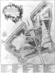 En plan for huset og haverne i Stowe, Buckinghamshire