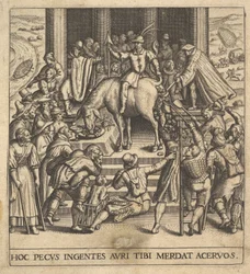 Mænd, der samler møg, der falder fra bagparten af et muldyr, med en rytter siddende ba..., 1592-1614.