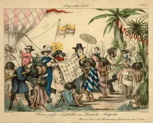 Greens luftballon i Antipoderne, ca. 1840 (håndfarvet radering)
