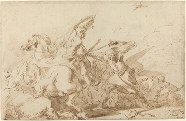 En kamp mellem orientalsk kavaleri og soldater, 1636.