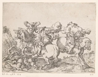 To musketerer til hest skyder på en rytter Kampscener (serietitel) Capricci di varie battaglie (serietitel)