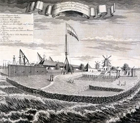 Hollandsk East India Company træ- eller savværk på øen to miles fra Batavia, pub. 1744.