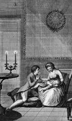 Aurelie trøstet af Wilhelm Meister, illustration til Wilhelm Meisters læretid, roman af Johann Wolfgang von Goethe (1749-1832), gravering fra parisisk udgave udgivet i 1802