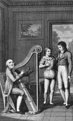 Harpist, Mignon og Wilhelm, illustreret frontispice til Wilhelm Meisters læretid, roman af Johann Wolfgang von Goethe (1749-1832), gravering fra udgave udgivet i 1802