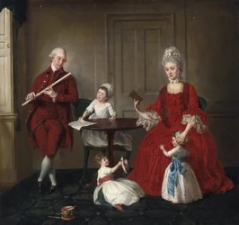 Rokoko: Portræt af hr. og fru James Blew og deres tre børn i et elegant interiør af Johann Zoffany (Zauffelij) (1733-1810). 1660-1670, Olie på lærred, 75x80,3. Privat samling