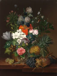 Stilleben med en firben og blomster - Johanna (Jenny) Salm-Reifferscheidt (nee Comtesse Pachtova) (1780-1857). olie på lærred