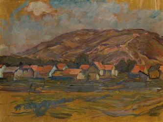 Landskab med huse og bjerg