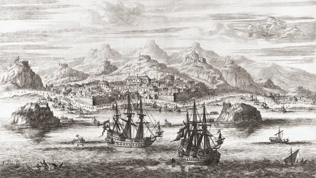 Hollandske skibe foran Muscat, Oman i det 17. århundrede (tryk)