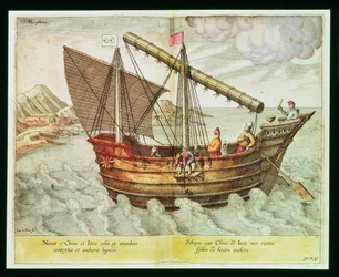 En kinesisk junk, illustration fra "Jan Huyghen van Linschoten, His Discourse of Voyages into the East and West Indies", 1579-92 (gravering)