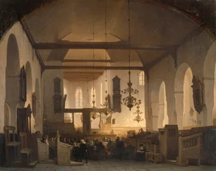 Interiør af Geertekerk i Utrecht med fejring af den hellige nadver