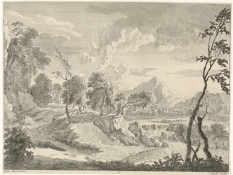 Bakket landskab med vandfald Landskaber efter Gaspar Poussin (serietitel)