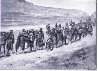 Et batteri af feltkanoner på vej til Ichon, illustration fra Cassells History of the Russo-Japanese War Vol 1, ca. 1900