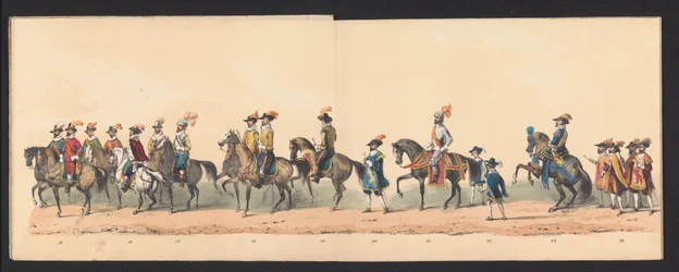 Historisk procession af studerende fra Groningen University of Applied Sciences, 1850 (plade 3) Udklædt fremstilling af indgangen til Maurits, Prins af Orange, Greve af Nassau osv. og Willem Lodewijk, Greve af Nassau, i Groningen i år 1594, af H.H.
