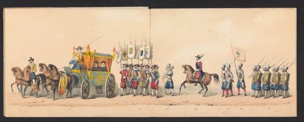 Historisk procession af studerende fra Groningen University of Applied Sciences, 1850 (plade 4) Udklædt fremstilling af indgangen til Maurits, Prins af Orange, Greve af Nassau osv. og Willem Lodewijk, Greve af Nassau, i Groningen i år 1594, af H.H.