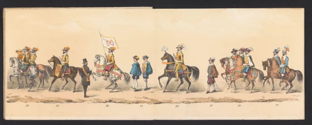 Historisk procession af studerende fra Groningen University of Applied Sciences, 1850 (plade 5) Udklædt fremstilling af indgangen til Maurits, Prins af Orange, Greve af Nassau osv. og Willem Lodewijk, Greve af Nassau, i Groningen i år 1594, af H.H.