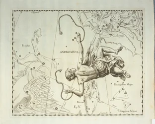 Boreal konstellation Andromeda, gravering fra himmelatlas Firmamentum Sobiescianum sive Uronographia, af Johann Hevelius (1611-1687), Gdansk