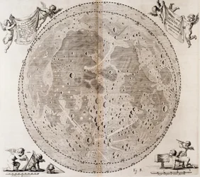 Første detaljerede kort over månen tegnet i 1647 af Johann Hevelius, tryk taget fra Johann Hevelius