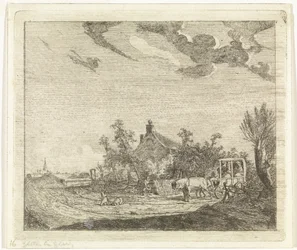 Hest og vogn foran et hus